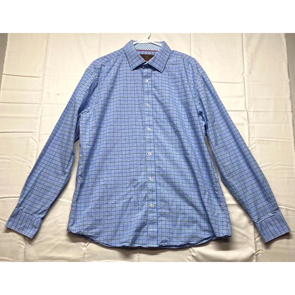 James Tattersall Dress Shirt Mens XL 17-17.5 Blue Windowpane Cotton Formal Wear